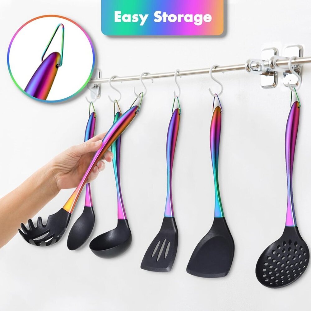 Silicone Cooking Utensils Set, 9Pcs Kitchen Utensil Set with Stainless Steel Han - Picture 5 of 9